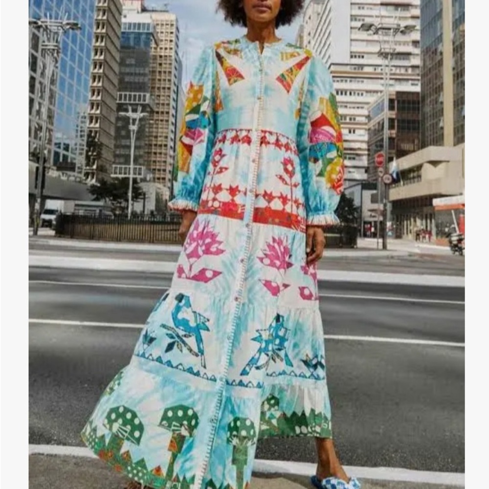 Farm Rio tie dye rainbow patchwork maxi dress